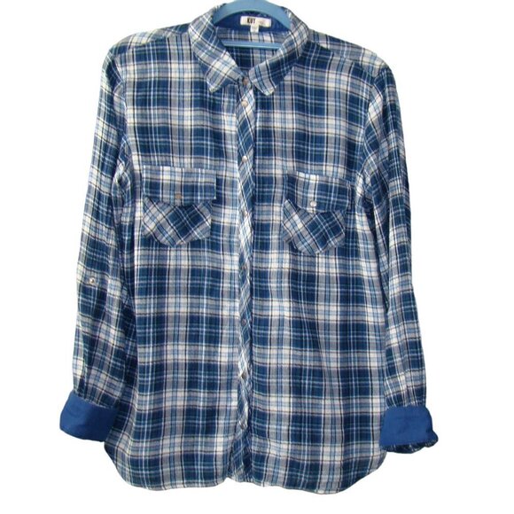 Kut from the Kloth Blue & White Plaid Long Sleeve Snap Front Shirt Size Medium - Picture 2 of 11